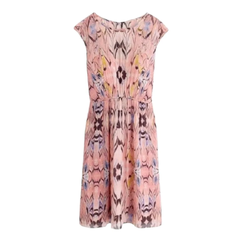 J Crew Women's E0709 100% Silk Marbled Printed Chiffon Dress Lined Pink Size 00